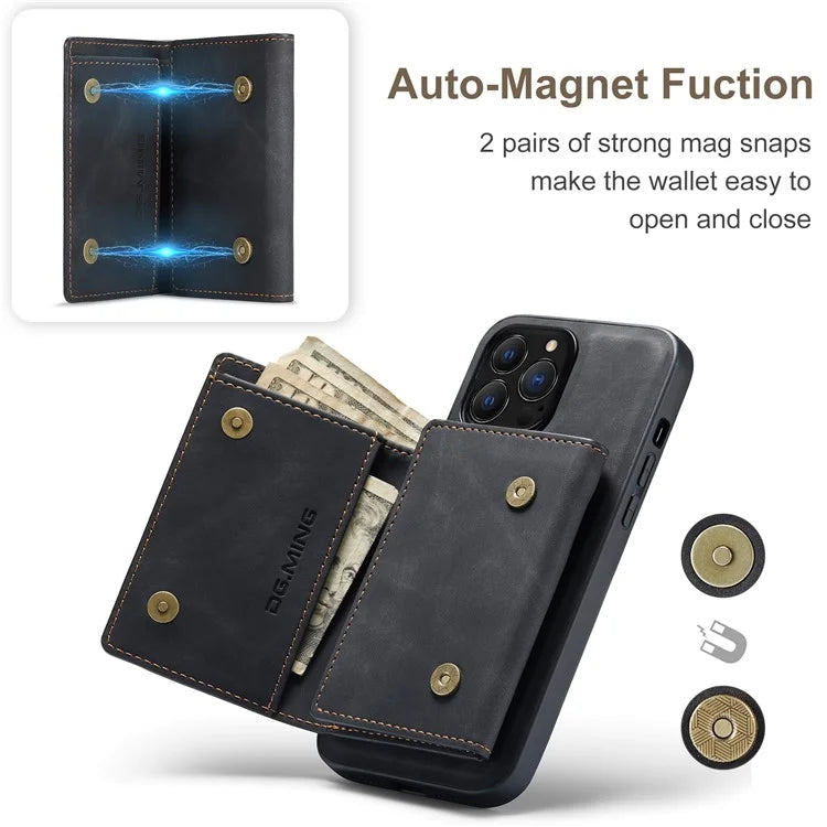 DG.MING M1 Series for iPhone 16 Pro Max Case Kickstand PU Phone Cover with Detachable Wallet