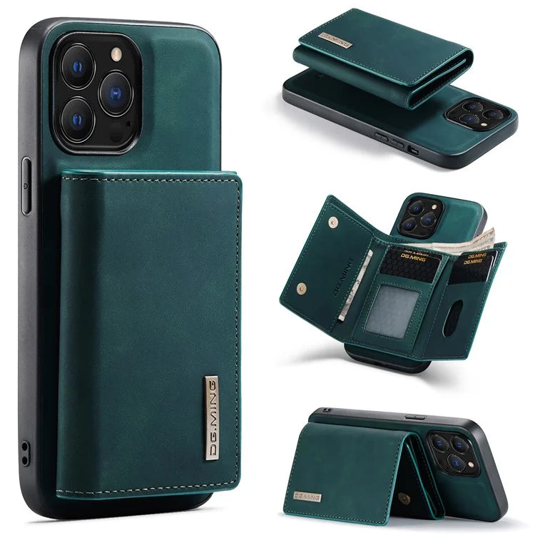 DG.MING M1 Series for iPhone 16 Pro Max Case Kickstand PU Phone Cover with Detachable Wallet