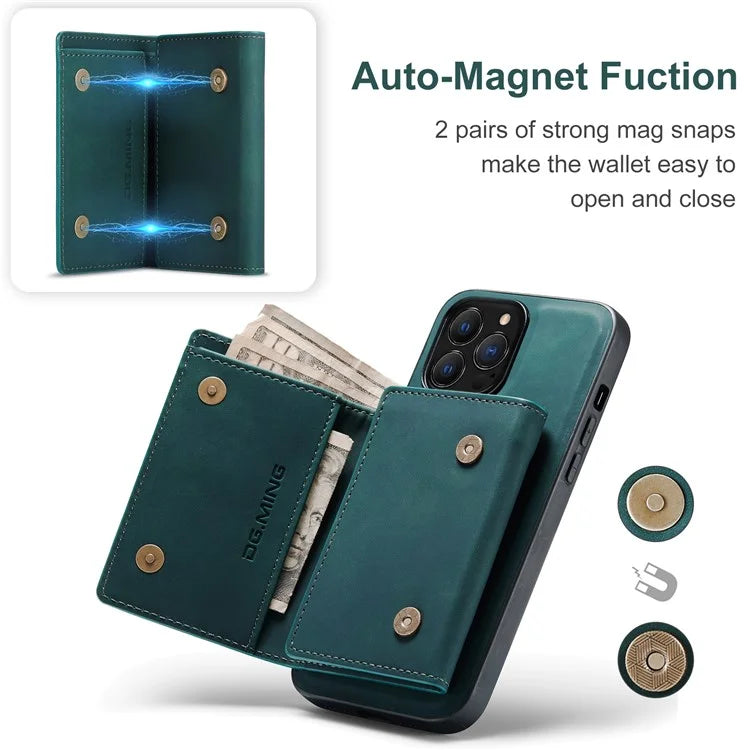 DG.MING M1 Series for iPhone 16 Pro Max Case Kickstand PU Phone Cover with Detachable Wallet