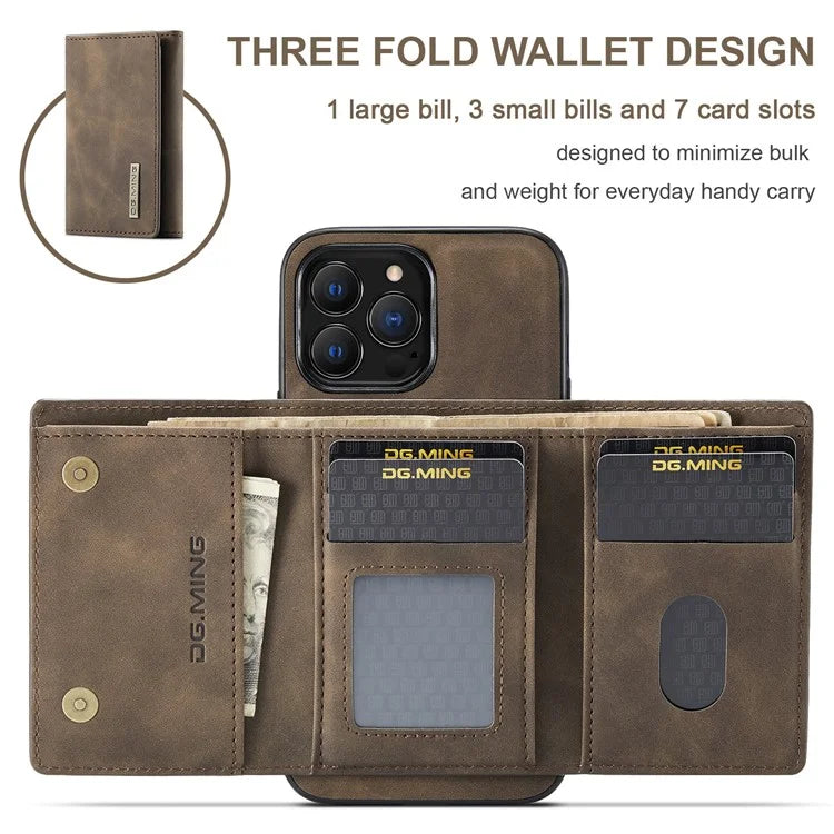 DG.MING M1 Series for iPhone 16 Pro Max Case Kickstand PU Phone Cover with Detachable Wallet