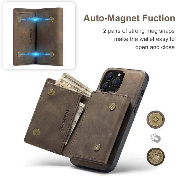 DG.MING M1 Series for iPhone 16 Pro Max Case Kickstand PU Phone Cover with Detachable Wallet