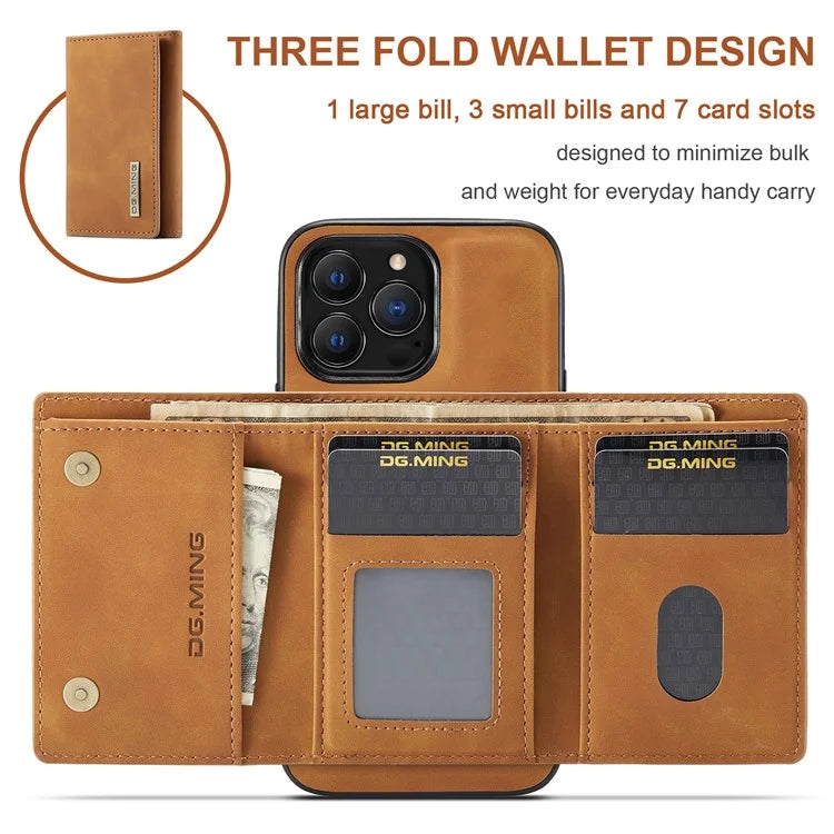 DG.MING M1 Series for iPhone 16 Pro Max Case Kickstand PU Phone Cover with Detachable Wallet