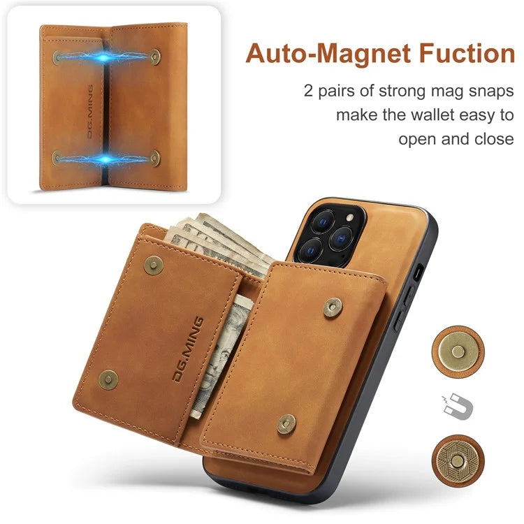 DG.MING M1 Series for iPhone 16 Pro Max Case Kickstand PU Phone Cover with Detachable Wallet