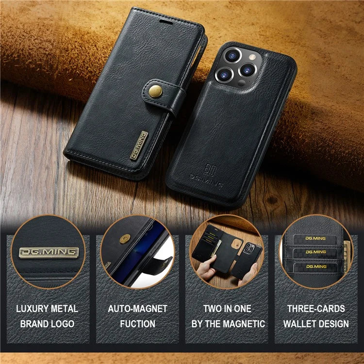 DG.MING for iPhone 16 Pro Case Detachable Split Leather Phone Cover