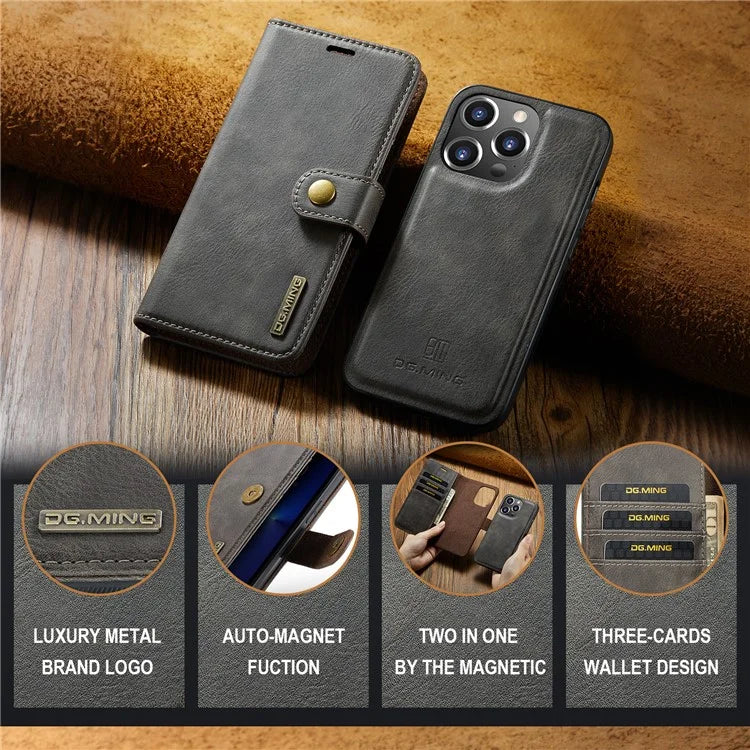 DG.MING for iPhone 16 Pro Case Detachable Split Leather Phone Cover