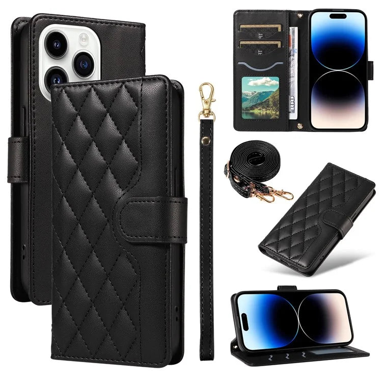 For iPhone 14 Pro Crossbody Case Rhombus Leather Stand Flip Protective Cover