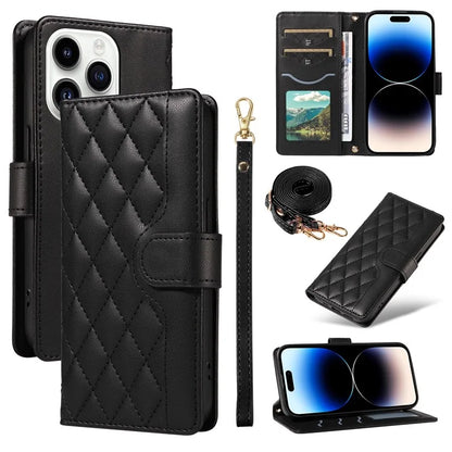 For iPhone 14 Pro Crossbody Case Rhombus Leather Stand Flip Protective Cover