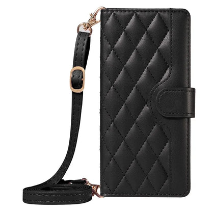 For iPhone 14 Pro Crossbody Case Rhombus Leather Stand Flip Protective Cover
