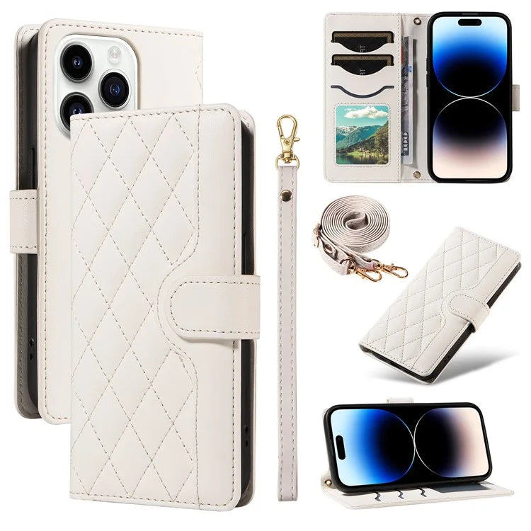 For iPhone 14 Pro Crossbody Case Rhombus Leather Stand Flip Protective Cover