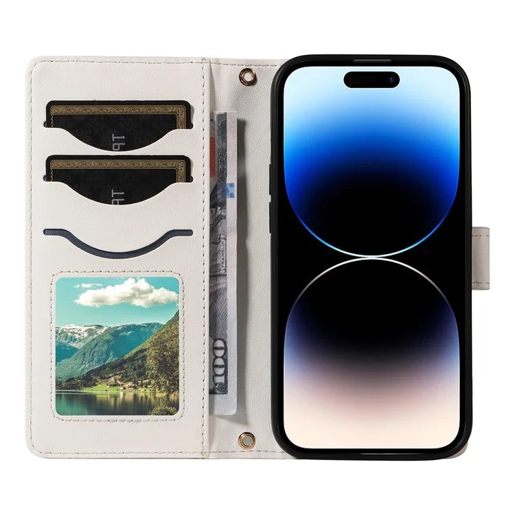 For iPhone 14 Pro Crossbody Case Rhombus Leather Stand Flip Protective Cover