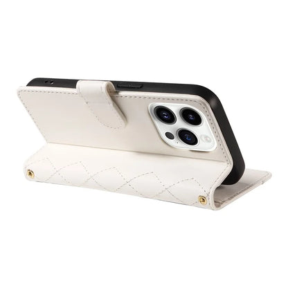 For iPhone 14 Pro Crossbody Case Rhombus Leather Stand Flip Protective Cover