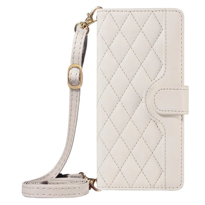 For iPhone 14 Pro Crossbody Case Rhombus Leather Stand Flip Protective Cover