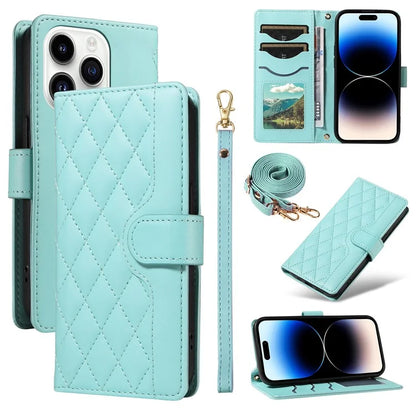 For iPhone 14 Pro Crossbody Case Rhombus Leather Stand Flip Protective Cover