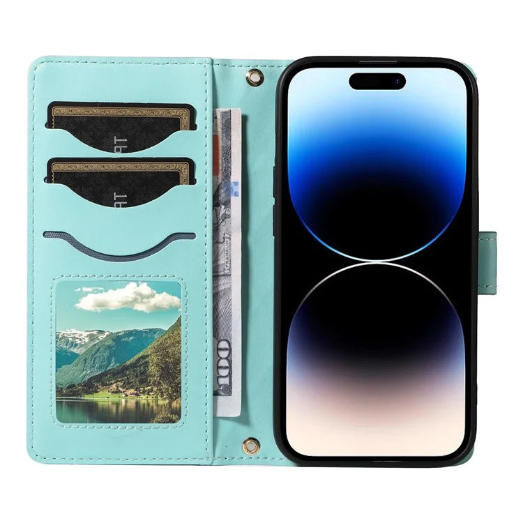 For iPhone 14 Pro Crossbody Case Rhombus Leather Stand Flip Protective Cover