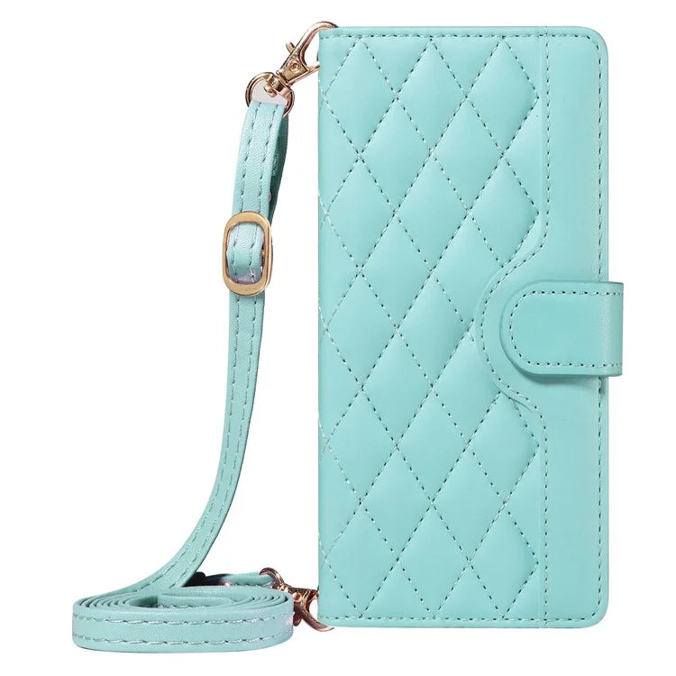 For iPhone 14 Pro Crossbody Case Rhombus Leather Stand Flip Protective Cover