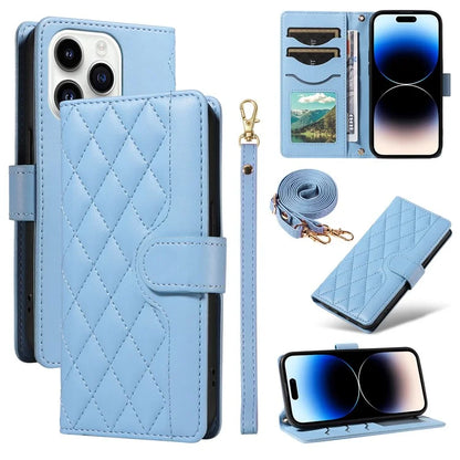 For iPhone 14 Pro Crossbody Case Rhombus Leather Stand Flip Protective Cover
