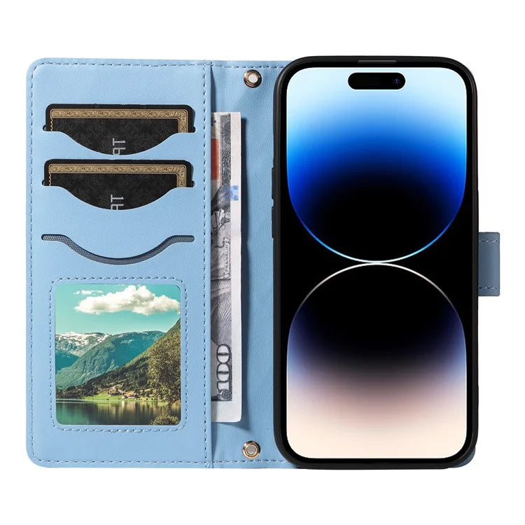 For iPhone 14 Pro Crossbody Case Rhombus Leather Stand Flip Protective Cover