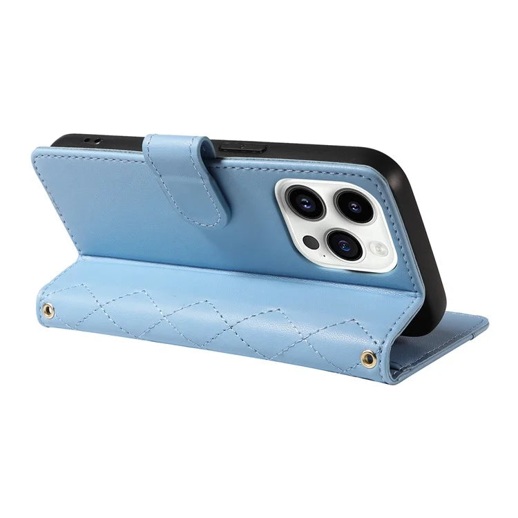 For iPhone 14 Pro Crossbody Case Rhombus Leather Stand Flip Protective Cover