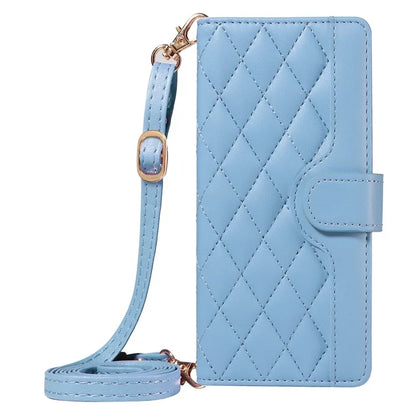 For iPhone 14 Pro Crossbody Case Rhombus Leather Stand Flip Protective Cover