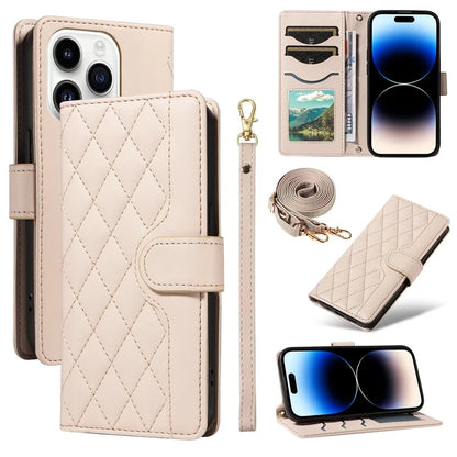 For iPhone 14 Pro Crossbody Case Rhombus Leather Stand Flip Protective Cover