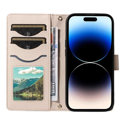 For iPhone 14 Pro Crossbody Case Rhombus Leather Stand Flip Protective Cover