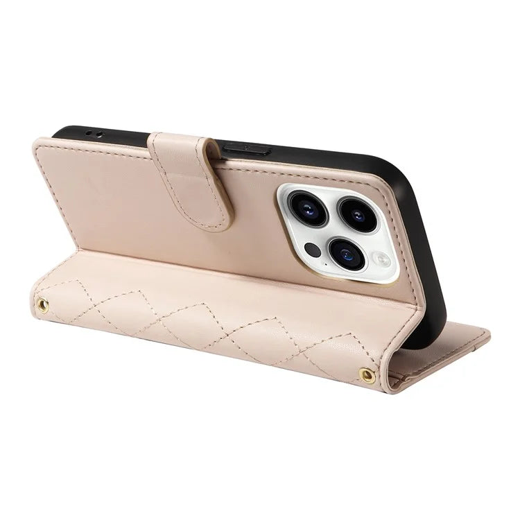 For iPhone 14 Pro Crossbody Case Rhombus Leather Stand Flip Protective Cover