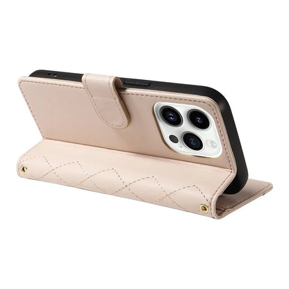 For iPhone 14 Pro Crossbody Case Rhombus Leather Stand Flip Protective Cover