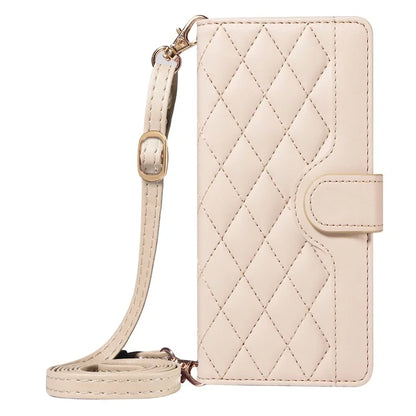 For iPhone 14 Pro Crossbody Case Rhombus Leather Stand Flip Protective Cover