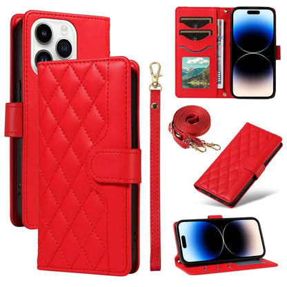 For iPhone 14 Pro Crossbody Case Rhombus Leather Stand Flip Protective Cover
