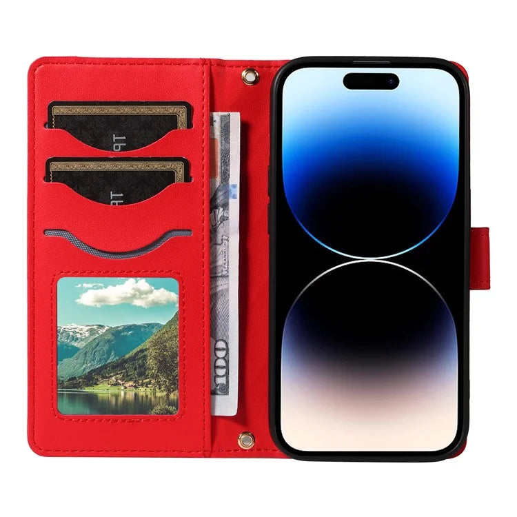 For iPhone 14 Pro Crossbody Case Rhombus Leather Stand Flip Protective Cover