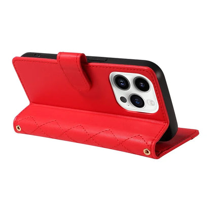 For iPhone 14 Pro Crossbody Case Rhombus Leather Stand Flip Protective Cover