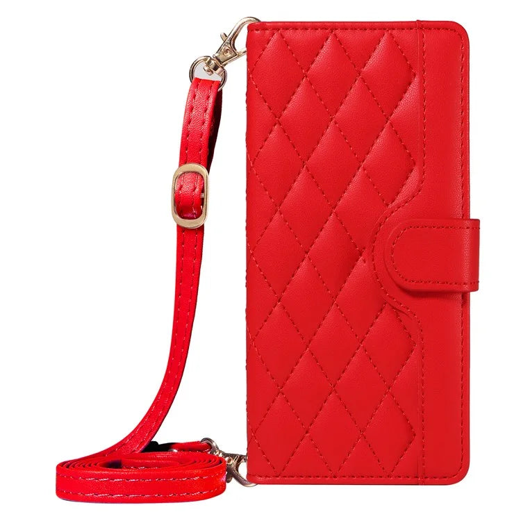 For iPhone 14 Pro Crossbody Case Rhombus Leather Stand Flip Protective Cover