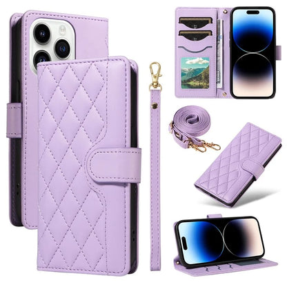 For iPhone 14 Pro Crossbody Case Rhombus Leather Stand Flip Protective Cover