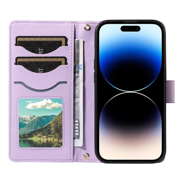 For iPhone 14 Pro Crossbody Case Rhombus Leather Stand Flip Protective Cover