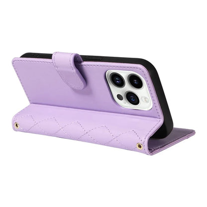 For iPhone 14 Pro Crossbody Case Rhombus Leather Stand Flip Protective Cover