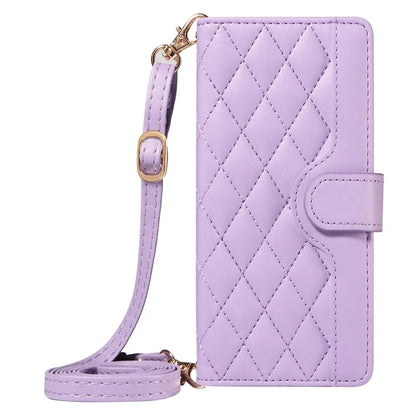 For iPhone 14 Pro Crossbody Case Rhombus Leather Stand Flip Protective Cover