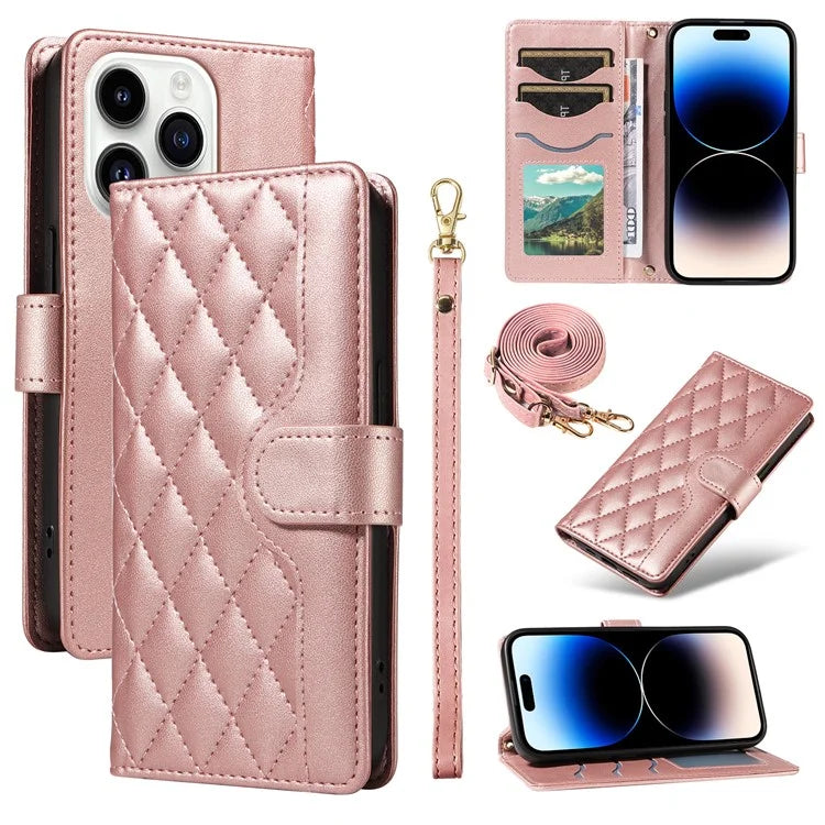 For iPhone 14 Pro Crossbody Case Rhombus Leather Stand Flip Protective Cover
