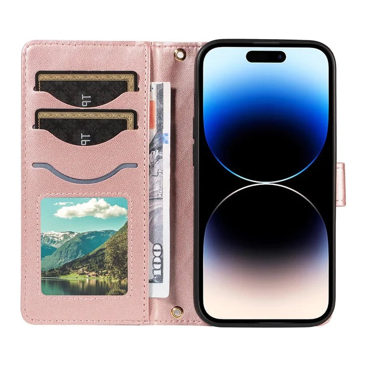 For iPhone 14 Pro Crossbody Case Rhombus Leather Stand Flip Protective Cover
