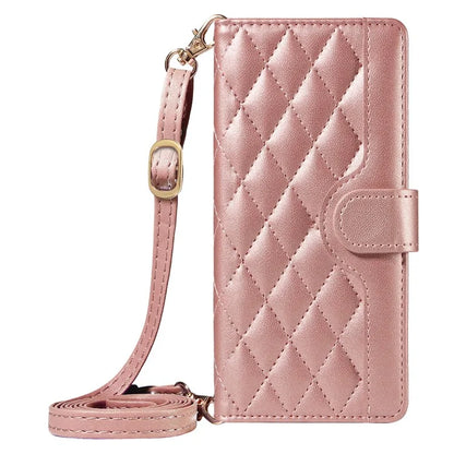 For iPhone 14 Pro Crossbody Case Rhombus Leather Stand Flip Protective Cover