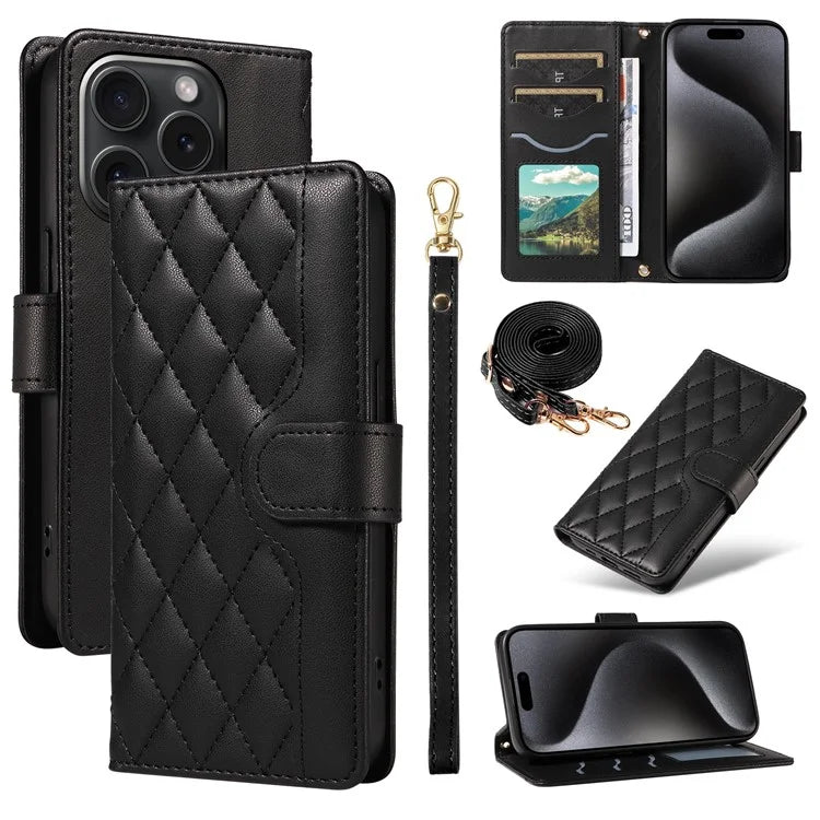 For iPhone 15 Pro Case Checkered Texture Leather Phone Cover with Crossbody Strap