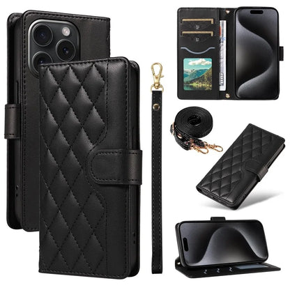For iPhone 15 Pro Case Checkered Texture Leather Phone Cover with Crossbody Strap
