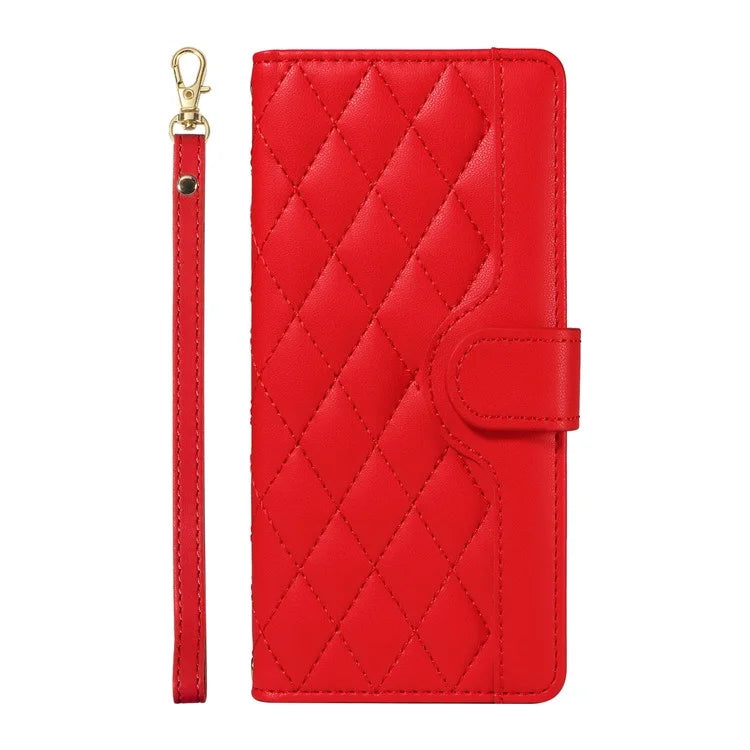 For iPhone 15 Pro Case Checkered Texture Leather Phone Cover with Crossbody Strap