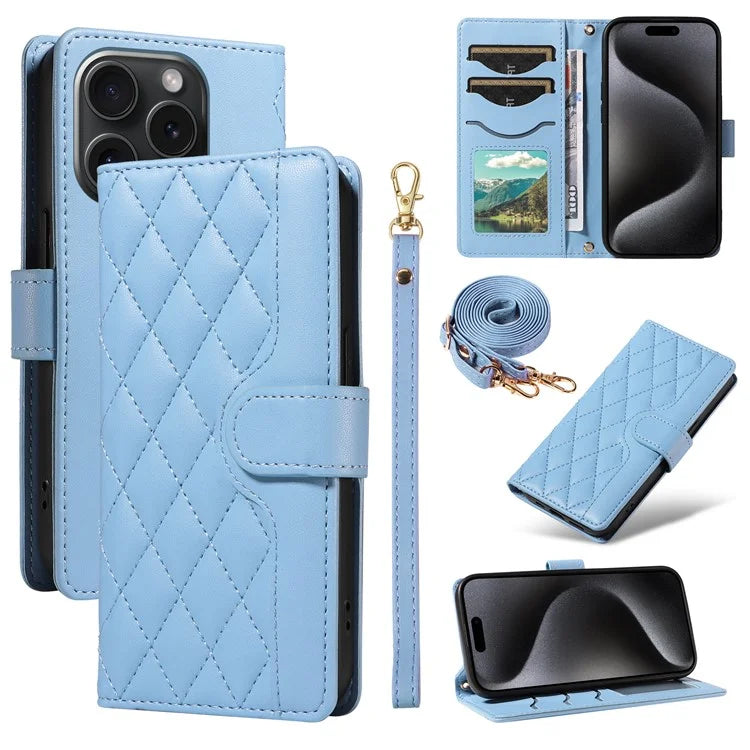 For iPhone 15 Pro Case Checkered Texture Leather Phone Cover with Crossbody Strap