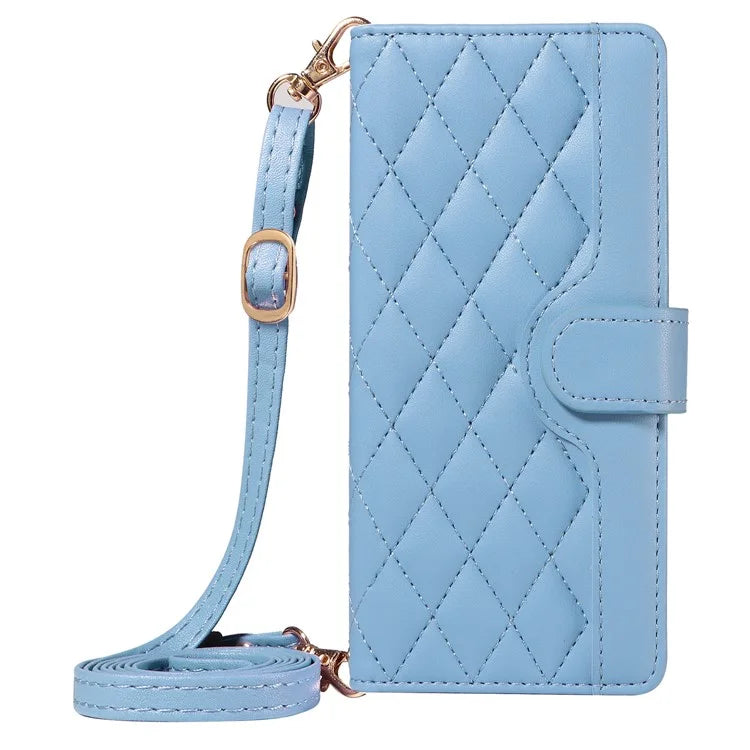 For iPhone 15 Pro Case Checkered Texture Leather Phone Cover with Crossbody Strap