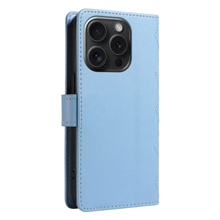 For iPhone 15 Pro Case Checkered Texture Leather Phone Cover with Crossbody Strap