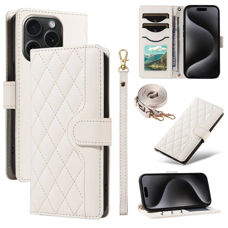 For iPhone 15 Pro Case Checkered Texture Leather Phone Cover with Crossbody Strap