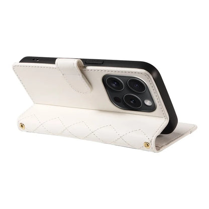 For iPhone 15 Pro Case Checkered Texture Leather Phone Cover with Crossbody Strap