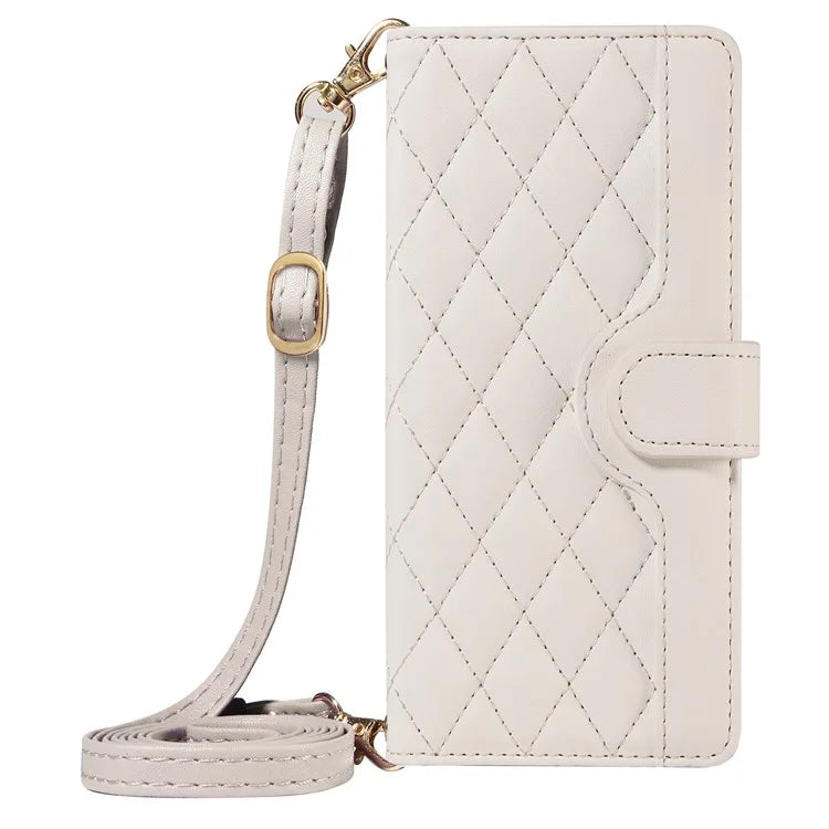 For iPhone 15 Pro Case Checkered Texture Leather Phone Cover with Crossbody Strap