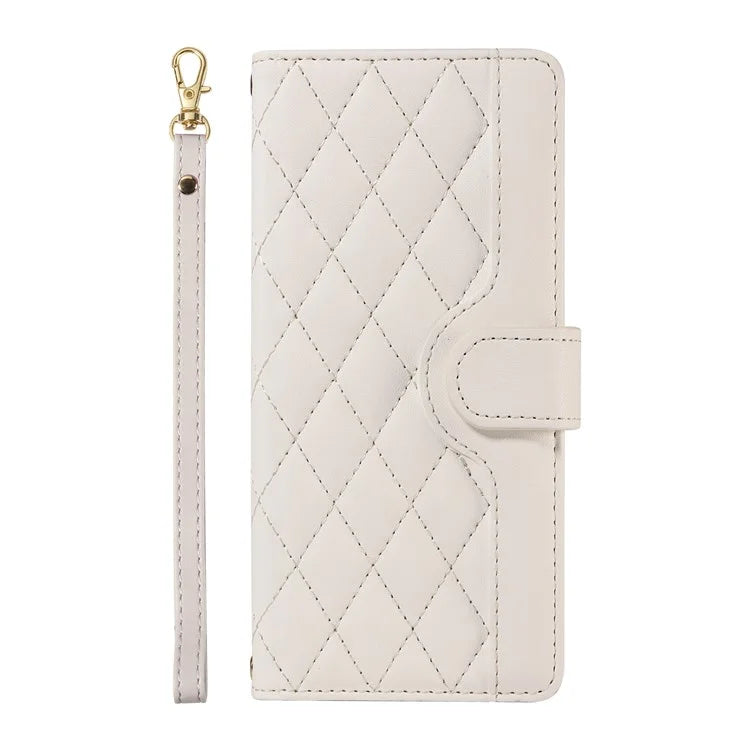 For iPhone 15 Pro Case Checkered Texture Leather Phone Cover with Crossbody Strap