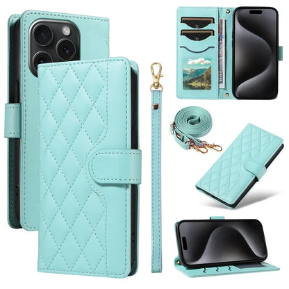 For iPhone 15 Pro Case Checkered Texture Leather Phone Cover with Crossbody Strap